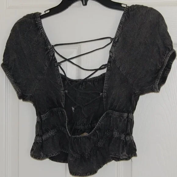 Rebellion Again, Size M, Rayon Crop Top, Strappy Back Off Shoulder, Gray - Picture 11 of 15
